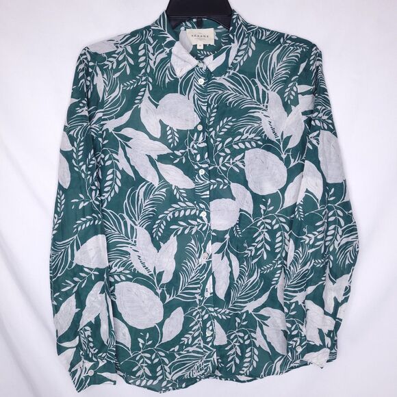 Sezane Pierro Shirt 36 Green Foilage Printed Cotton Silk Blend - Picture 1 of 11